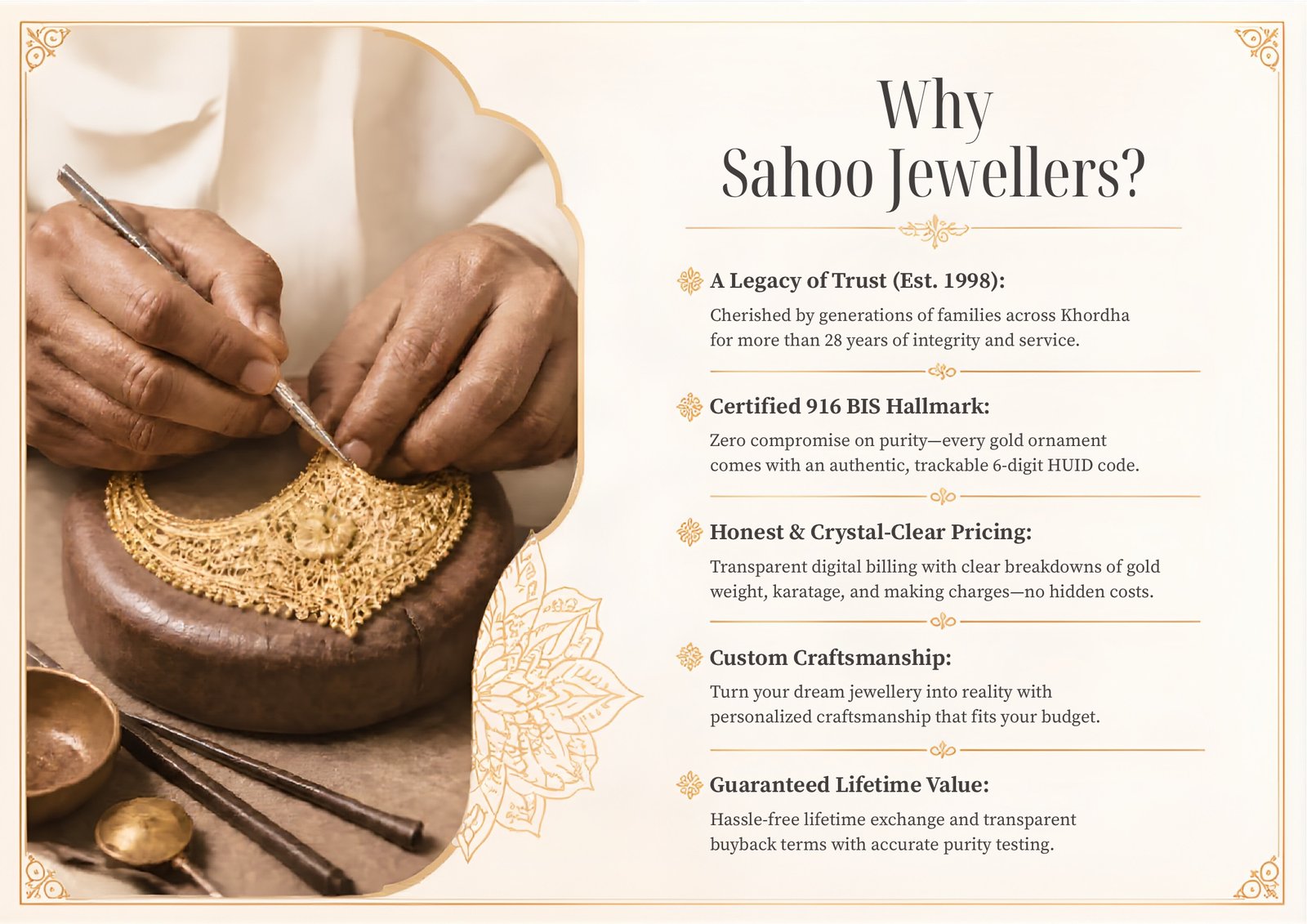 Why Sahoo Jewellers — legacy of trust since 1998, certified 916 BIS hallmark, clear pricing, custom craftsmanship, and lifetime value.