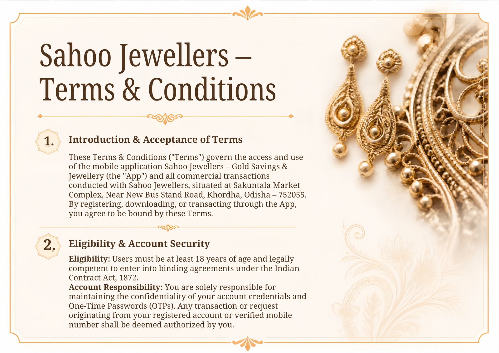 Sahoo Jewellers terms and conditions for the app, showroom, and Dhanalaxmi Gold Scheme.